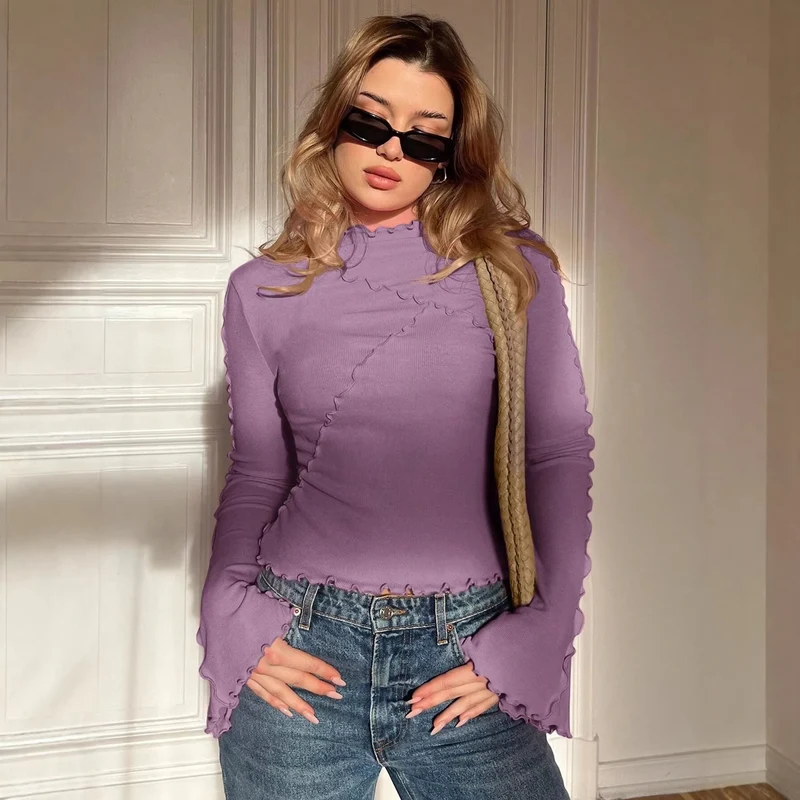Damen Geripptes Langarmshirt mit Rüschen-Saum und Stehkragen Drune