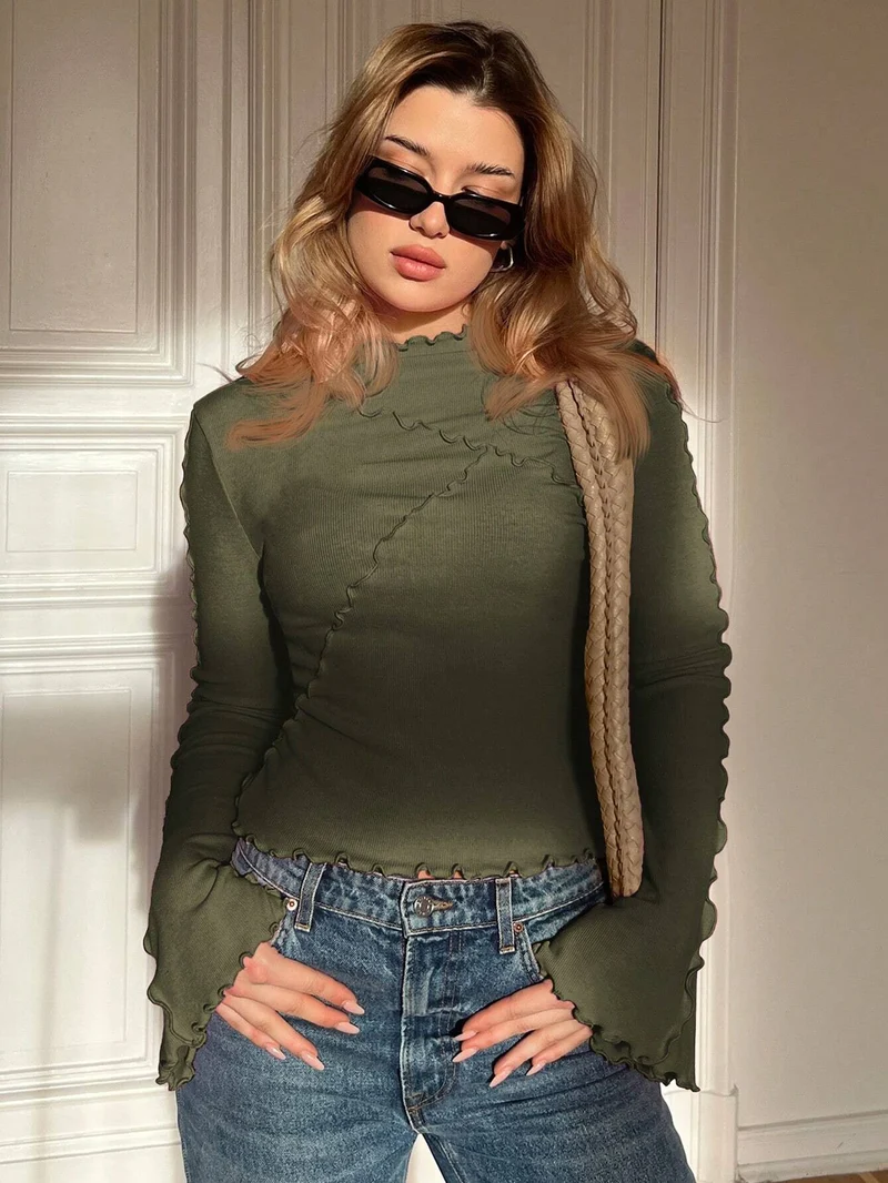 Damen Geripptes Langarmshirt mit Rüschen-Saum und Stehkragen Drune