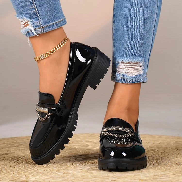 Damen nan elegante Lack-Plateau-Loafer mit dekorativer Schleife und profilierter Gummisohle Drune