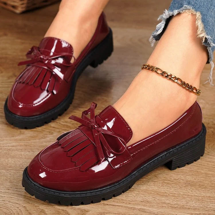 Damen nan elegante Lack-Plateau-Loafer mit dekorativer Schleife und profilierter Gummisohle Drune