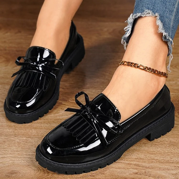 Damen nan elegante Lack-Plateau-Loafer mit dekorativer Schleife und profilierter Gummisohle Drune