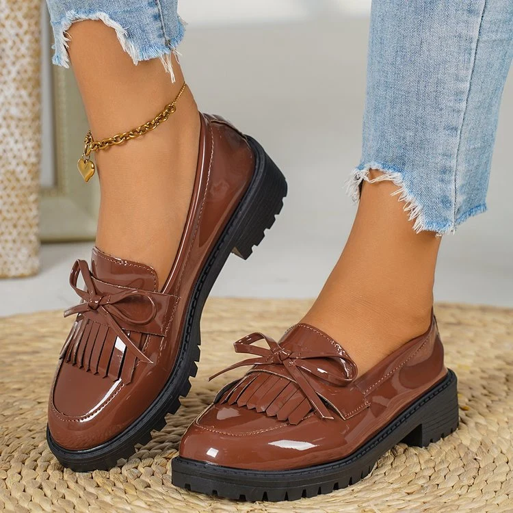 Damen nan elegante Lack-Plateau-Loafer mit dekorativer Schleife und profilierter Gummisohle Drune