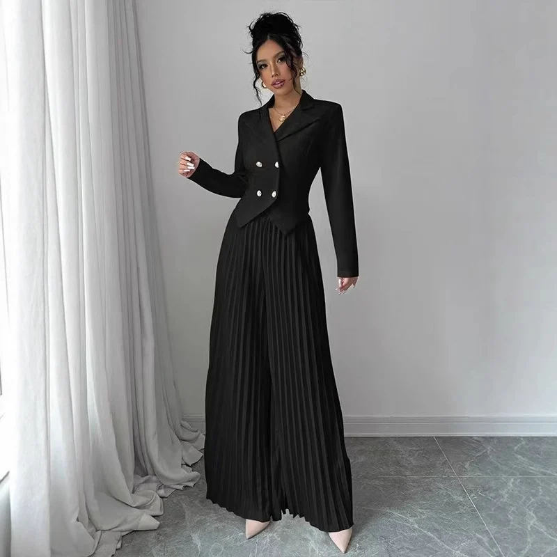 Damen Taillierter Doppelreihiger Blazer und plissierte Palazzo-Hose Drune