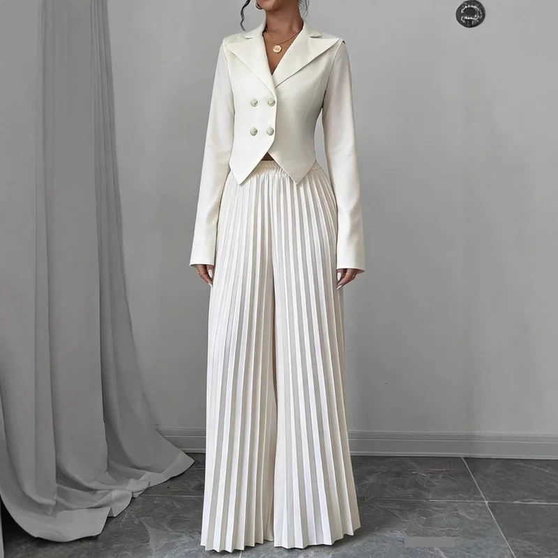 Damen Taillierter Doppelreihiger Blazer und plissierte Palazzo-Hose Drune