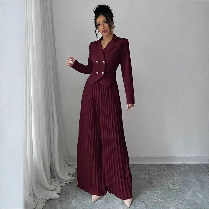 Damen Taillierter Doppelreihiger Blazer und plissierte Palazzo-Hose Drune