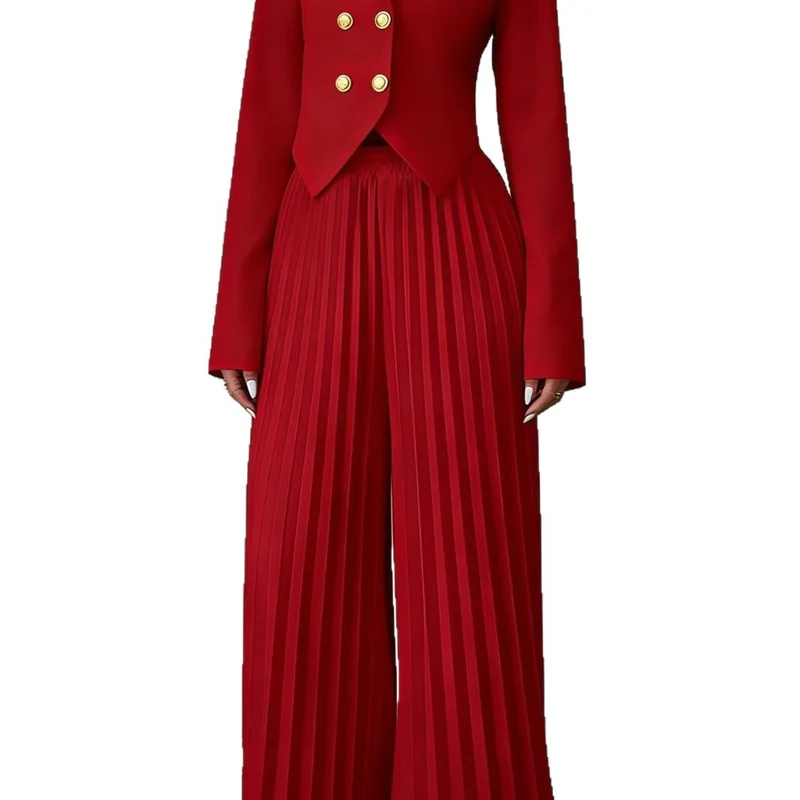 Damen Taillierter Doppelreihiger Blazer und plissierte Palazzo-Hose Drune
