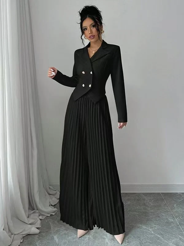 Damen Taillierter Doppelreihiger Blazer und plissierte Palazzo-Hose Drune