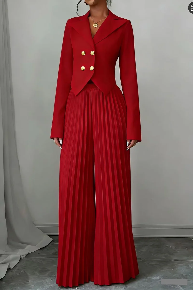 Damen Taillierter Doppelreihiger Blazer und plissierte Palazzo-Hose Drune
