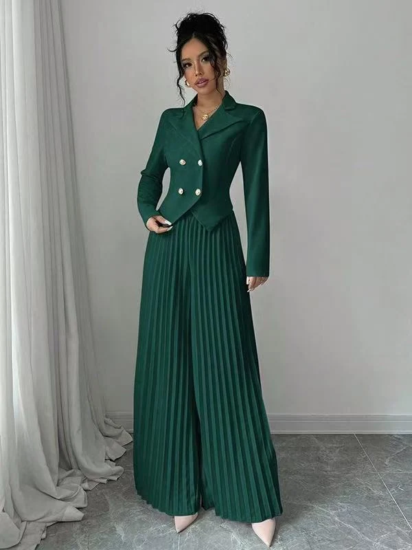 Damen Taillierter Doppelreihiger Blazer und plissierte Palazzo-Hose Drune