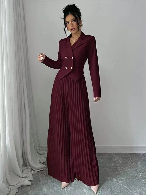 Damen Taillierter Doppelreihiger Blazer und plissierte Palazzo-Hose Drune