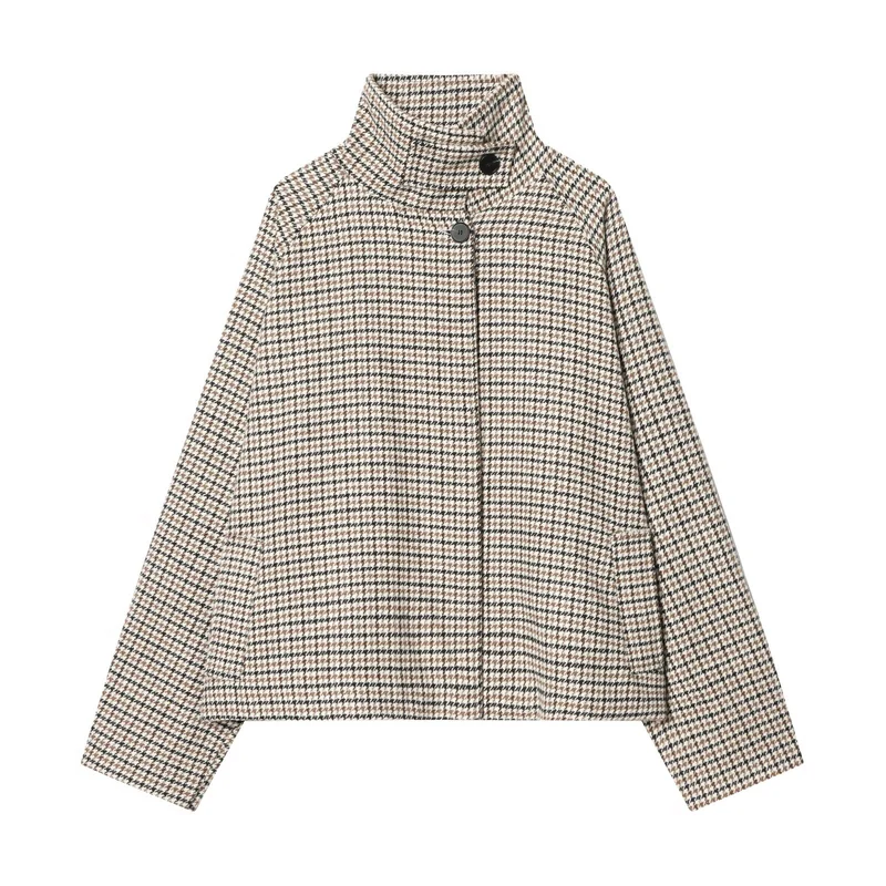 Damen Kurzjacke im Hahnentritt‑Muster mit hohem Stehkragen und Oversize‑Raglanärmeln Drune