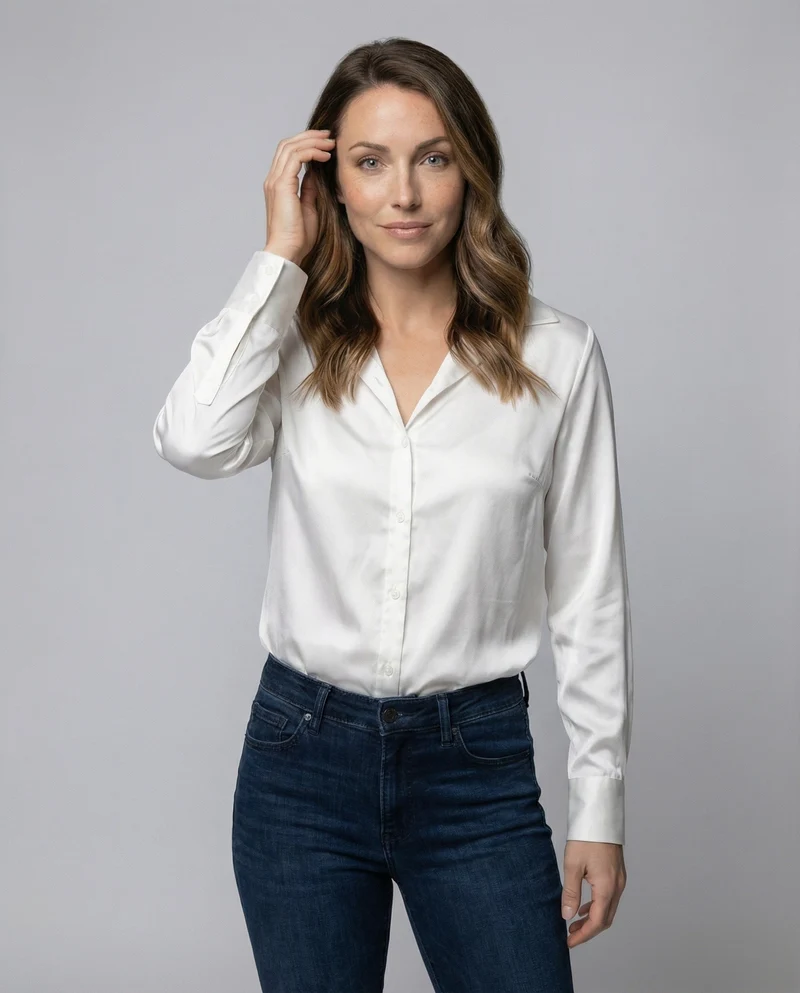 Damen Hemdbluse Seidig Glänzend Kentkragen
