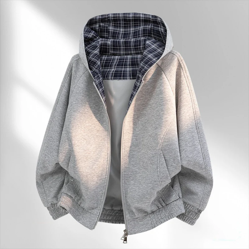 Damen lässiger Sweat-Bomber mit gesteppter Karofütterung in Kapuze und elastischem Saum Drune