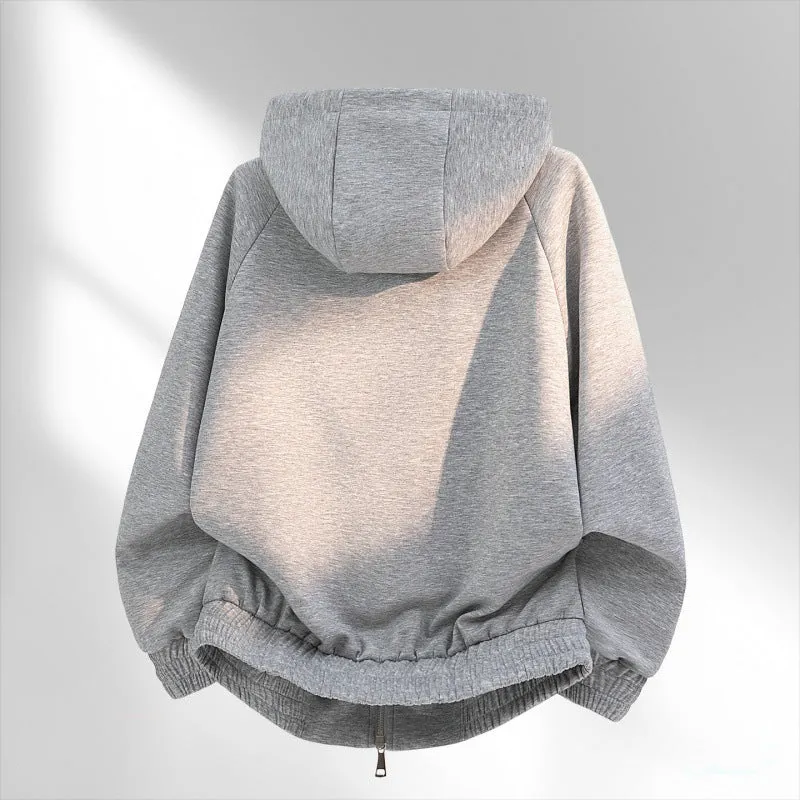 Damen lässiger Sweat-Bomber mit gesteppter Karofütterung in Kapuze und elastischem Saum Drune