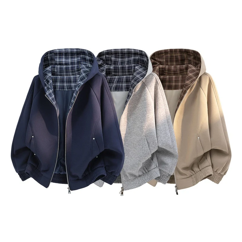 Damen lässiger Sweat-Bomber mit gesteppter Karofütterung in Kapuze und elastischem Saum Drune