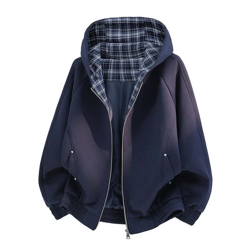 Damen lässiger Sweat-Bomber mit gesteppter Karofütterung in Kapuze und elastischem Saum Drune
