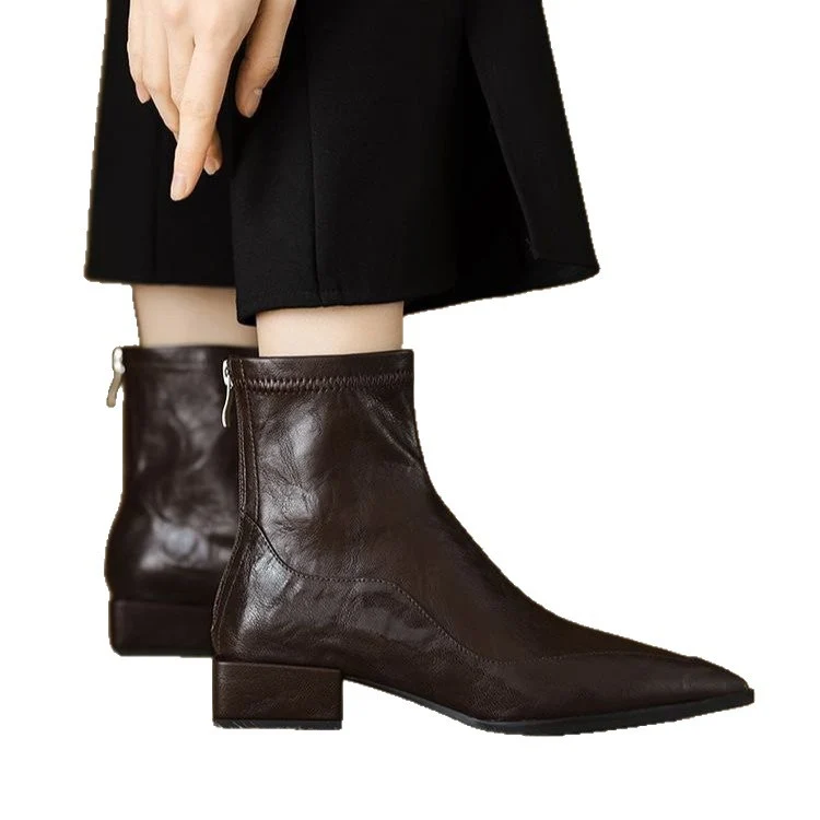 Damen Elegante spitze Stiefeletten mit niedrigem Blockabsatz Drune