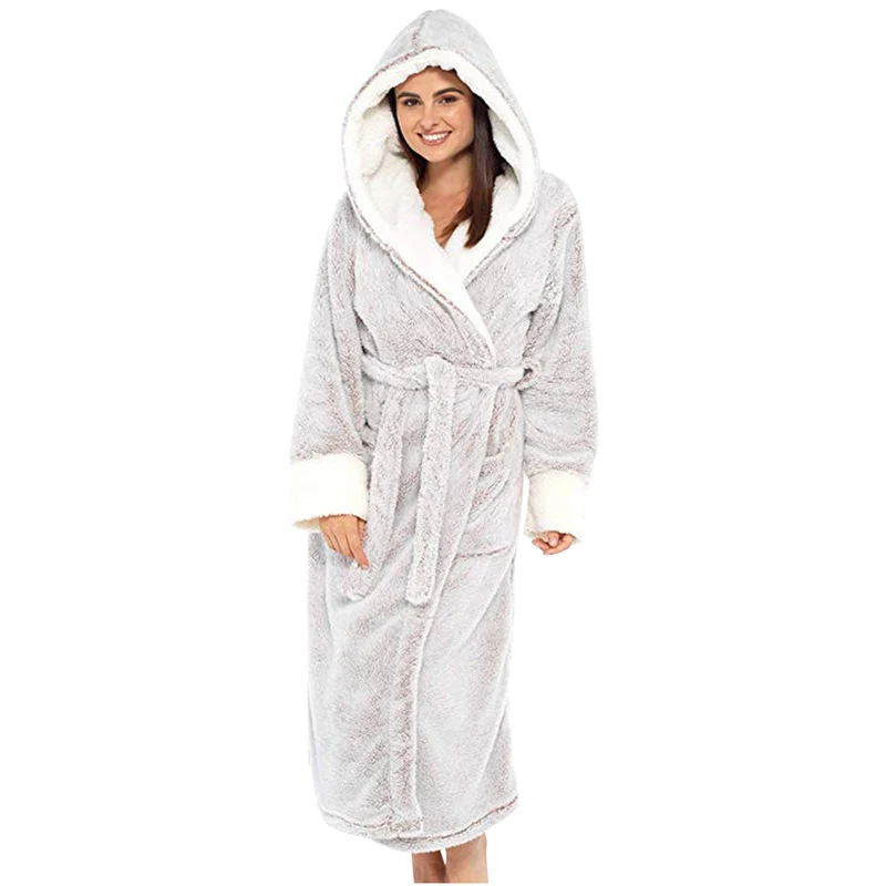 Damen Kuscheliger Fleece-Morgenmantel mit Kapuze und Gürtel Drune