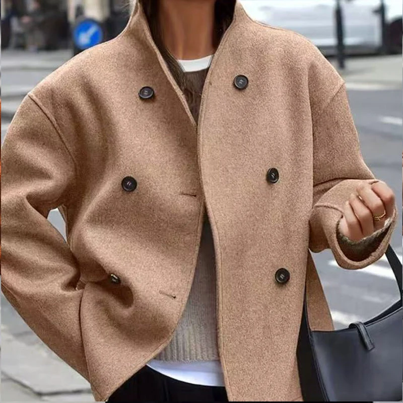 Damen modische Wolljacke mit doppelter Knopfleiste und hohen Kragen Drune