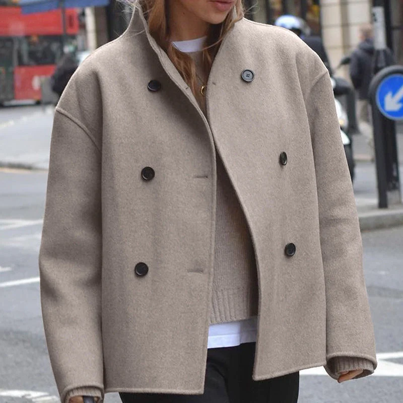 Damen modische Wolljacke mit doppelter Knopfleiste und hohen Kragen Drune
