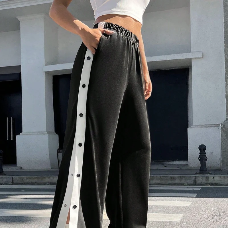 Damen Sportliche Palazzo-Hosen mit seitlichen Druckknöpfen und elastischem Bund Drune