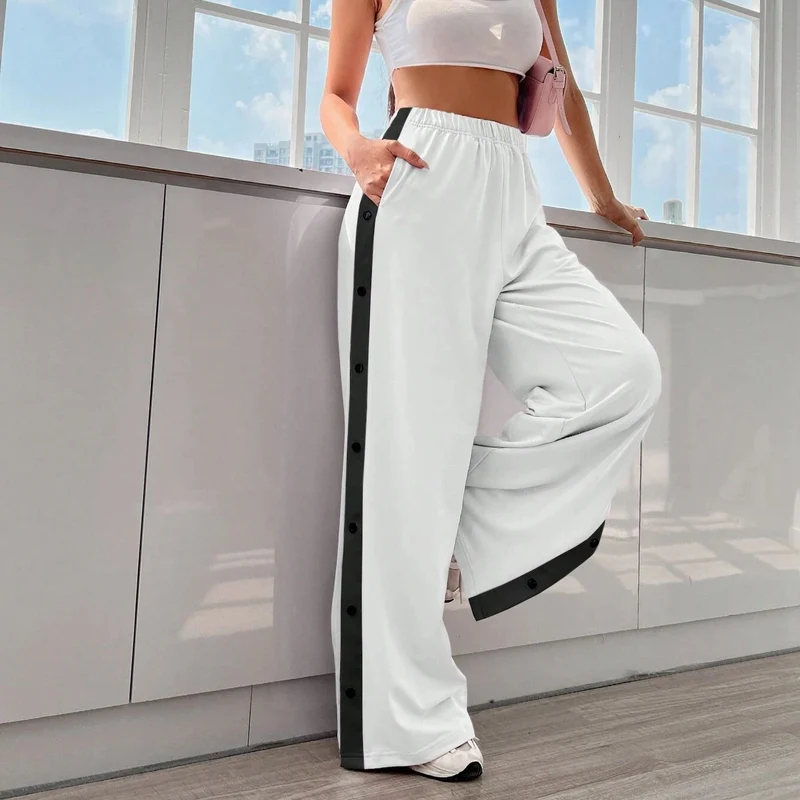 Damen Sportliche Palazzo-Hosen mit seitlichen Druckknöpfen und elastischem Bund Drune