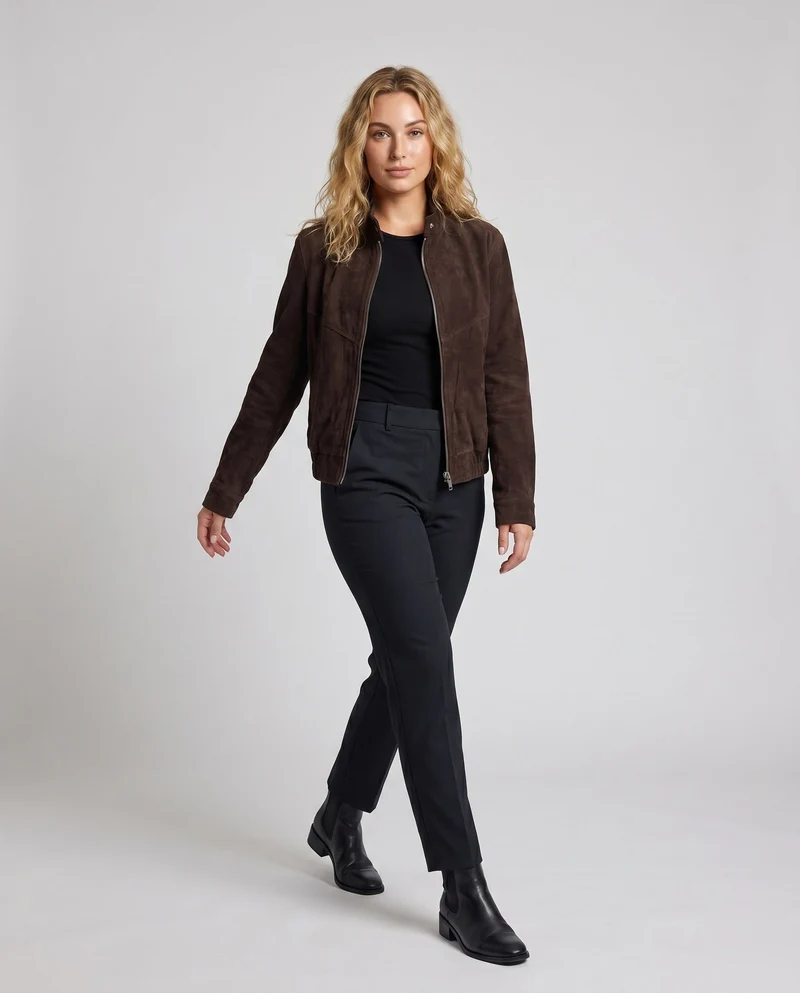 Damen elegante Wildlederjacke mit praktischen Taschen und Reißverschluss Drune