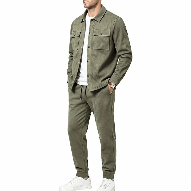 Herren nan Velours-Lounge-Set mit Overshirt, aufgesetzten Brusttaschen und tapered Jogginghose Drune