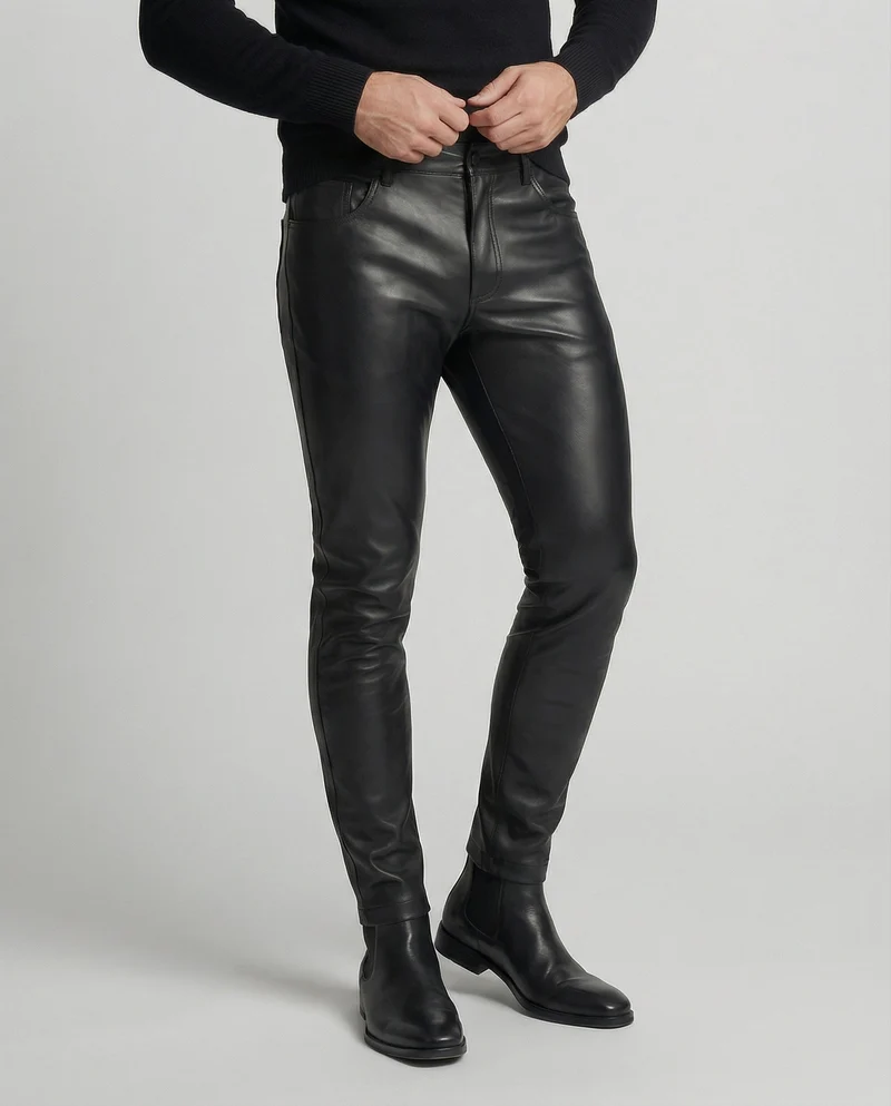 Herren Kunstleder Hose Slim Fit