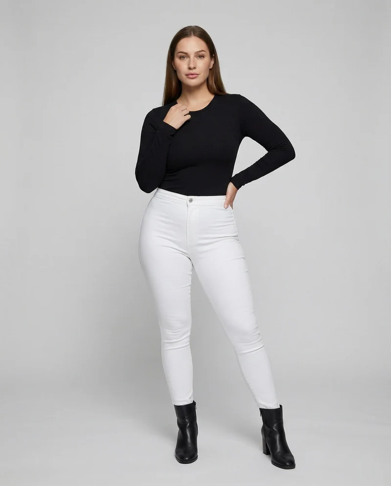 Damen nan hochgeschnittene Stretch-Jeanshose mit schmalem Beinverlauf, formendem Komfortbund und aufgesetzten Gesäßtaschen Drune