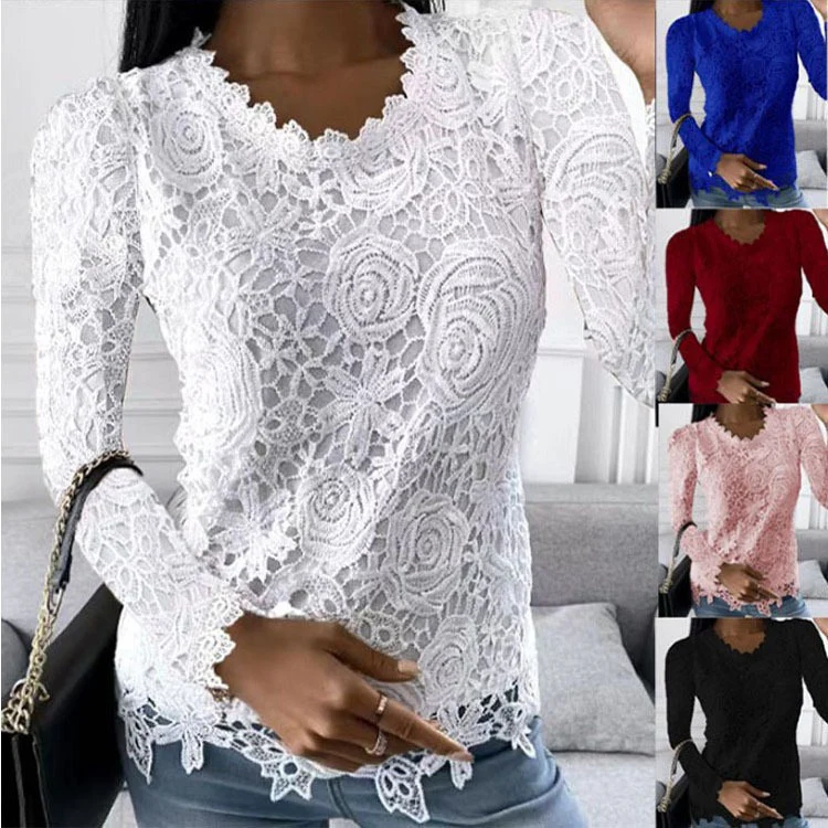 Damen nan Spitzenoberteil mit V-Ausschnitt, taillierter Silhouette und romantischem Wellensaum Drune