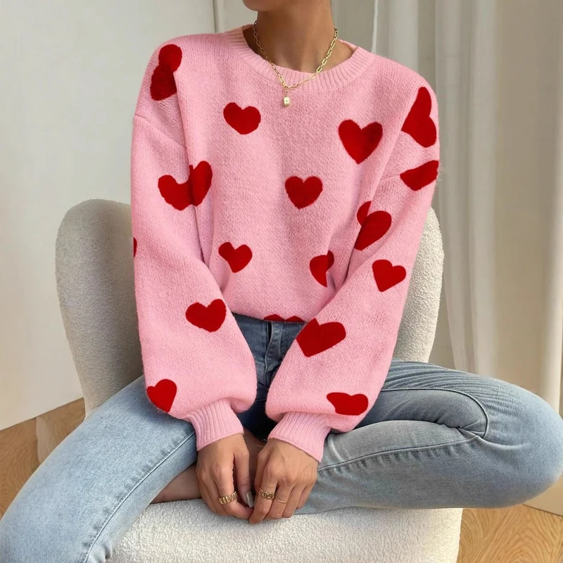 Damen Kuscheliger Strickpullover mit Herzmuster und weitem Schnitt Drune
