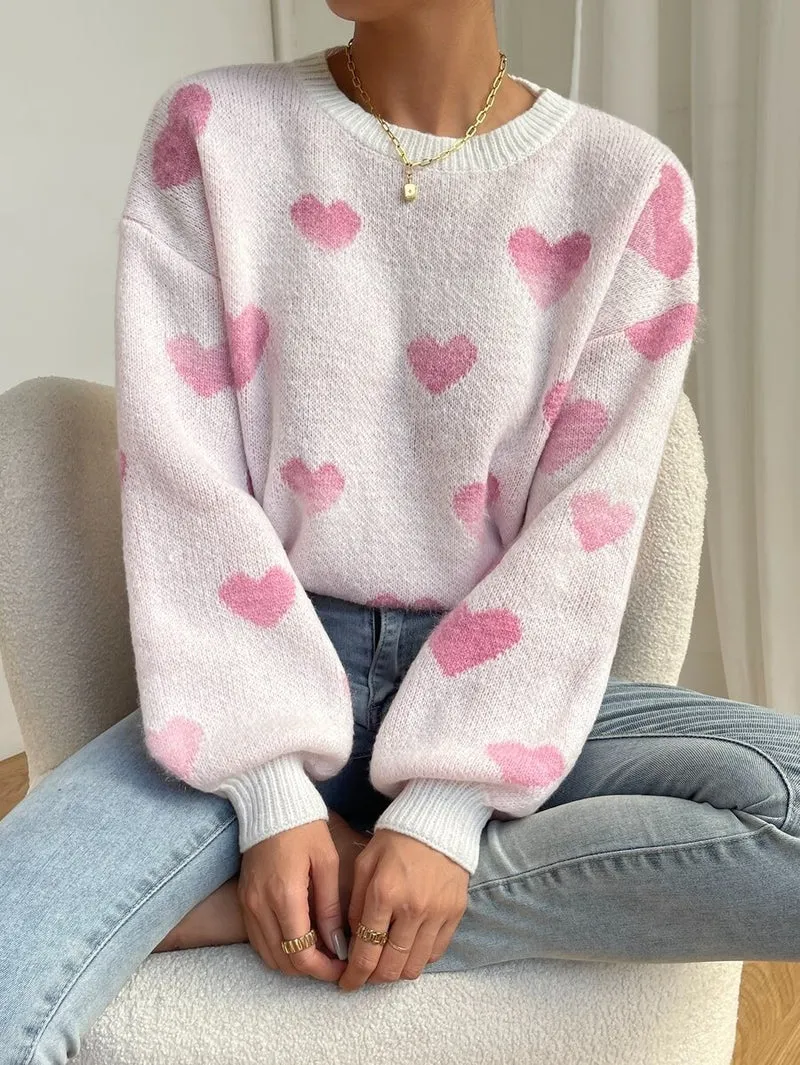 Damen Kuscheliger Strickpullover mit Herzmuster und weitem Schnitt Drune