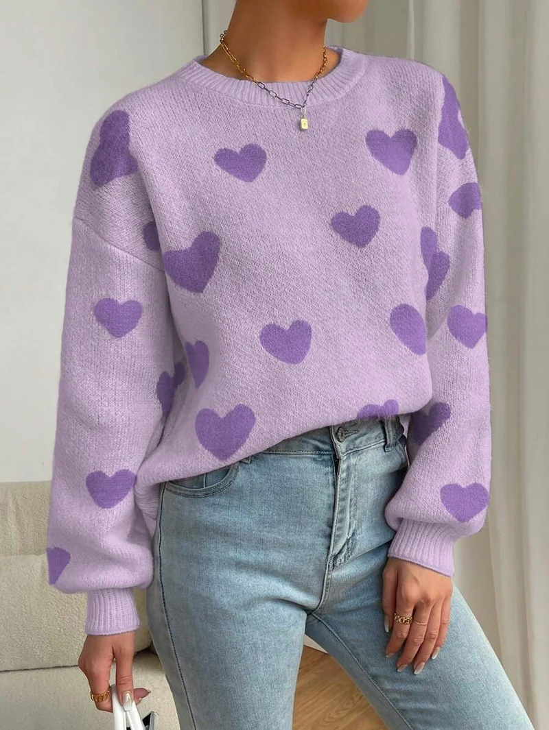Damen Kuscheliger Strickpullover mit Herzmuster und weitem Schnitt Drune