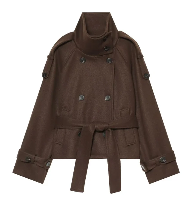 Damen Kurzer zweireihiger Cape-Mantel aus Wolle mit Stehkragen Schulterklappen und Bindegürtel Drune
