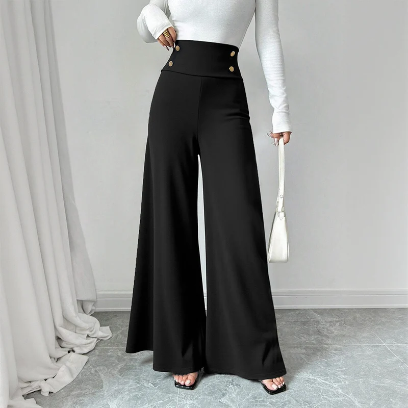 Damen Weite Palazzo-Hose mit hoch tailliertem Bund und dekorativen Knopfdetails Drune