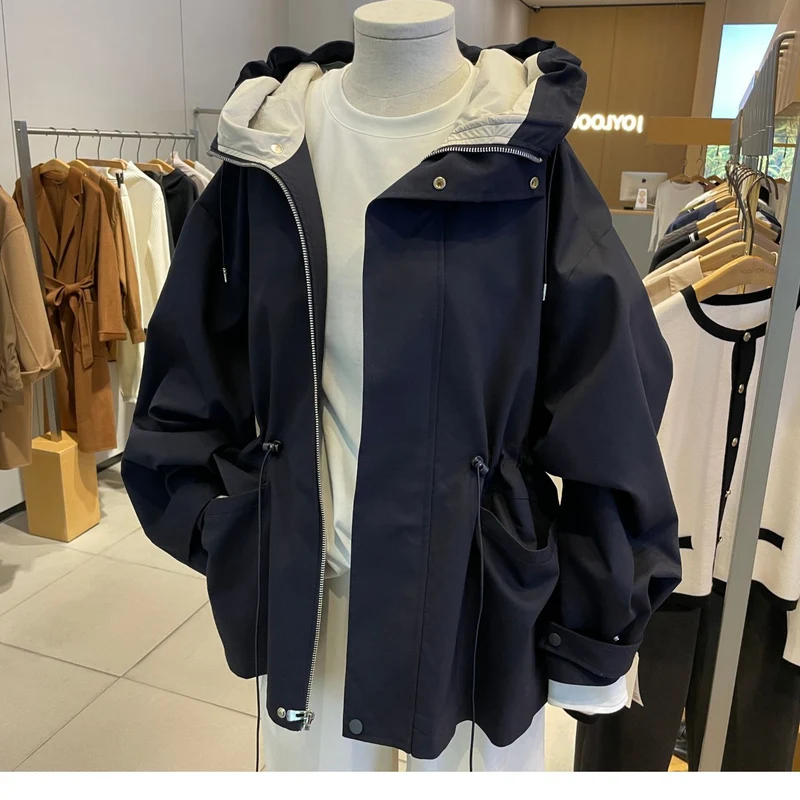 Damen Oversize-Kapuzenjacke mit Tunnelzug, Pattentaschen und Zwei-Wege-Reißverschluss Drune