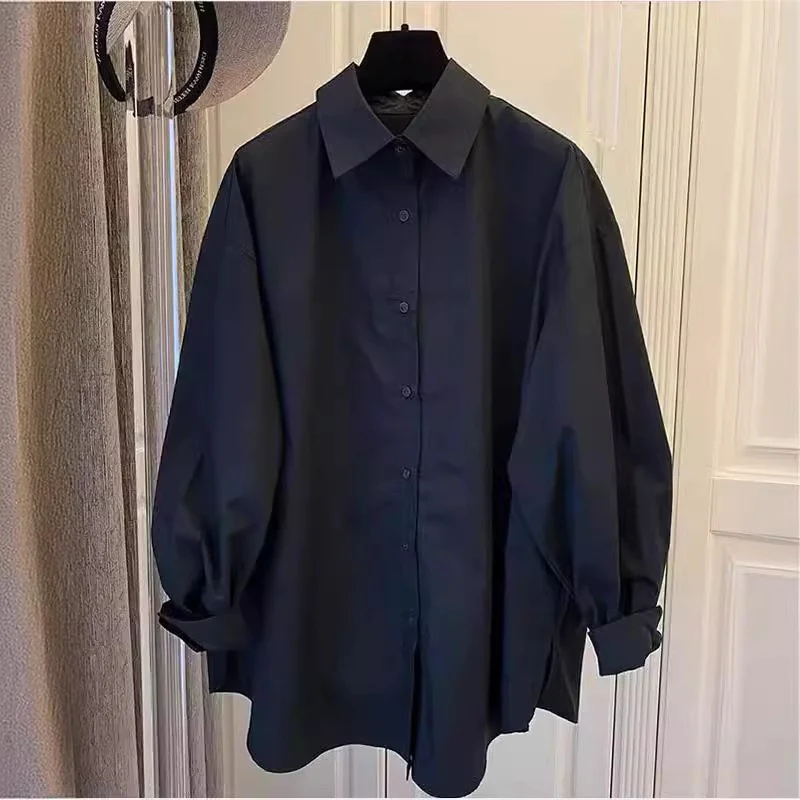 Damen Oversize-Hemdbluse mit Ballonärmeln und klassischem Kragen Drune