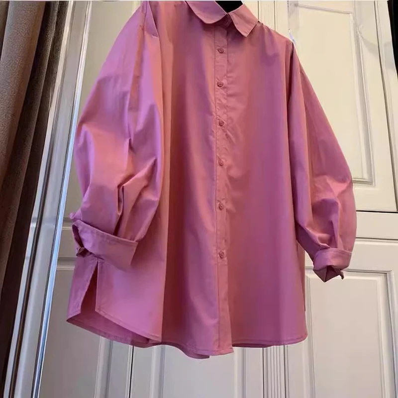 Damen Oversize-Hemdbluse mit Ballonärmeln und klassischem Kragen Drune