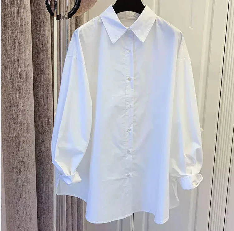Damen Oversize-Hemdbluse mit Ballonärmeln und klassischem Kragen Drune