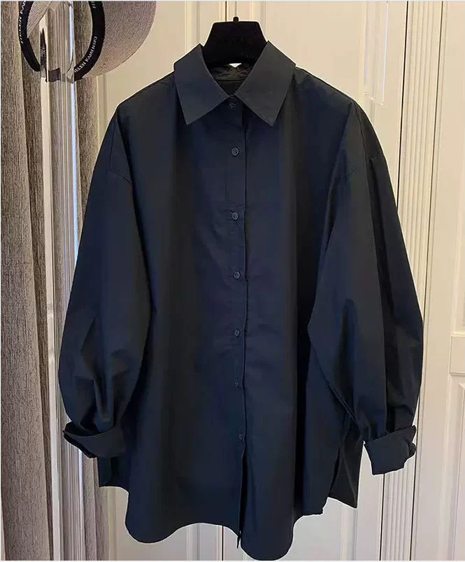 Damen Oversize-Hemdbluse mit Ballonärmeln und klassischem Kragen Drune