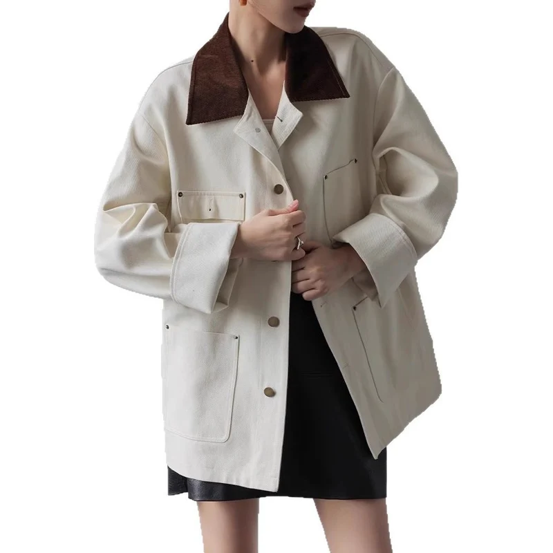 Damen Oversize-Cabanjacke aus strukturierter Baumwollmischung mit kontrastierendem Cordkragen und aufgesetzten Pattentaschen Drune
