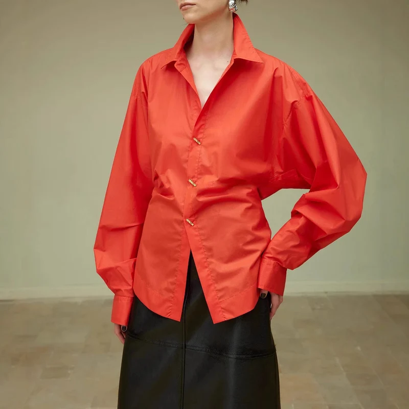 Damen Oversize-Bluse mit Ballonärmeln und taillierter V‑Schlitz-Form Drune