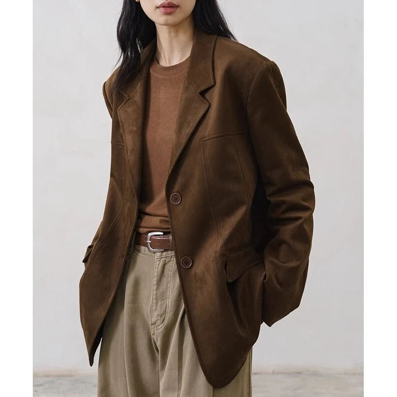 Damen Oversize Blazer in Velourslederoptik mit strukturierter Schulter und Zwei-Knopf-Verschluss Drune