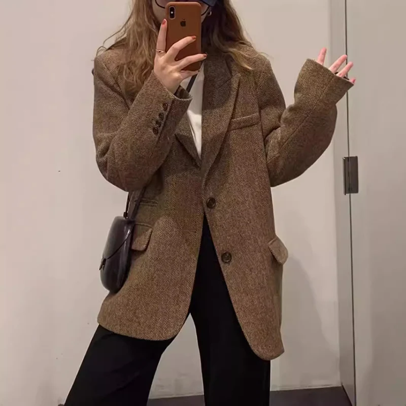Damen Oversize-Blazer aus Wollmix mit Fischgrätstruktur, kastiger Silhouette & Pattentaschen Drune