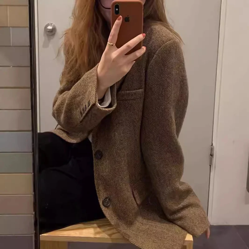 Damen Oversize-Blazer aus Wollmix mit Fischgrätstruktur, kastiger Silhouette & Pattentaschen Drune
