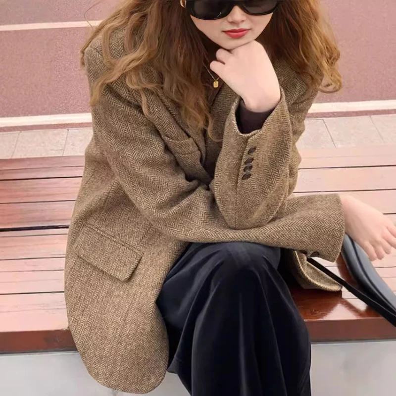 Damen Oversize-Blazer aus Wollmix mit Fischgrätstruktur, kastiger Silhouette & Pattentaschen Drune
