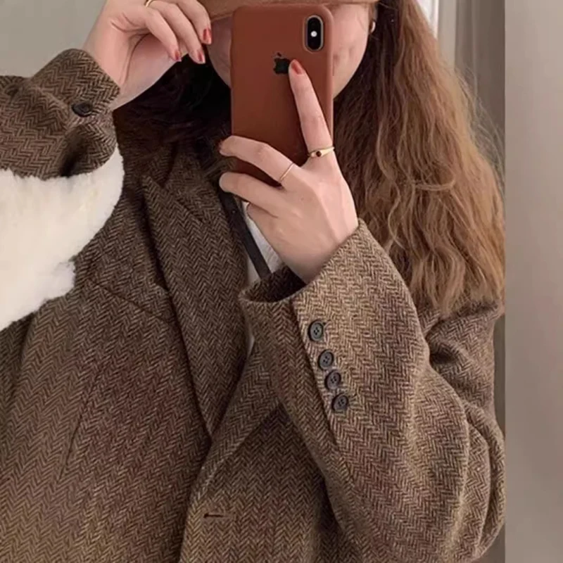 Damen Oversize-Blazer aus Wollmix mit Fischgrätstruktur, kastiger Silhouette & Pattentaschen Drune