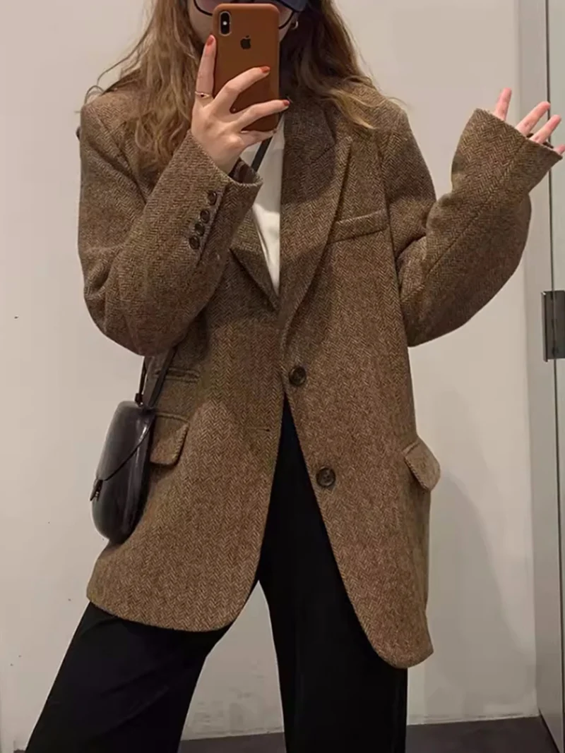 Damen Oversize-Blazer aus Wollmix mit Fischgrätstruktur, kastiger Silhouette & Pattentaschen Drune