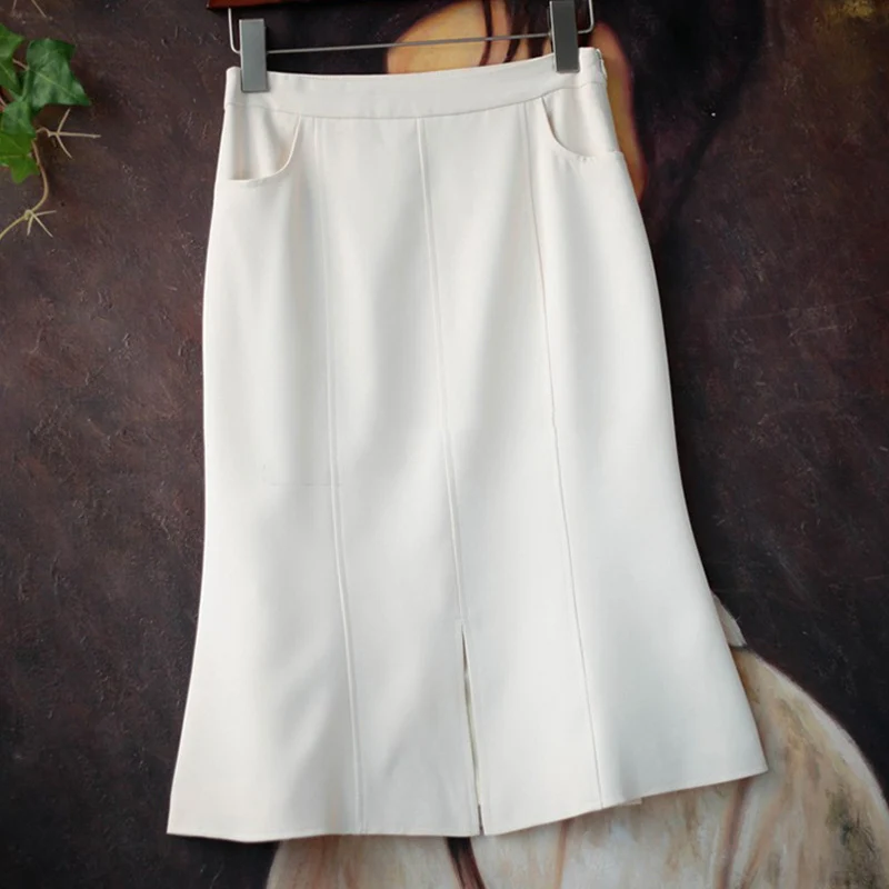 Damen Midirock mit hohem Bund, Teilungsnähten und mittigem Schlitz Drune